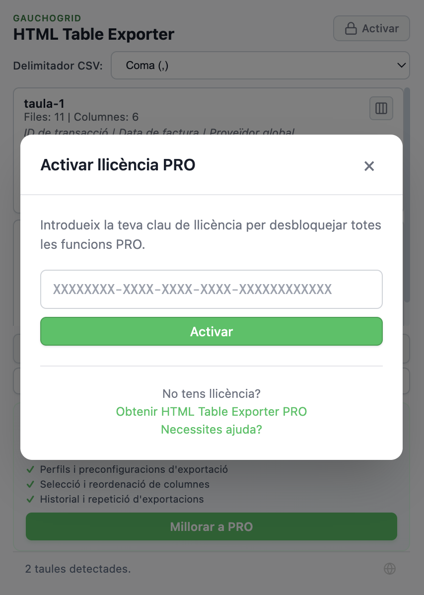 Modal d'activació de llicència amb camp per introduir la clau de llicència