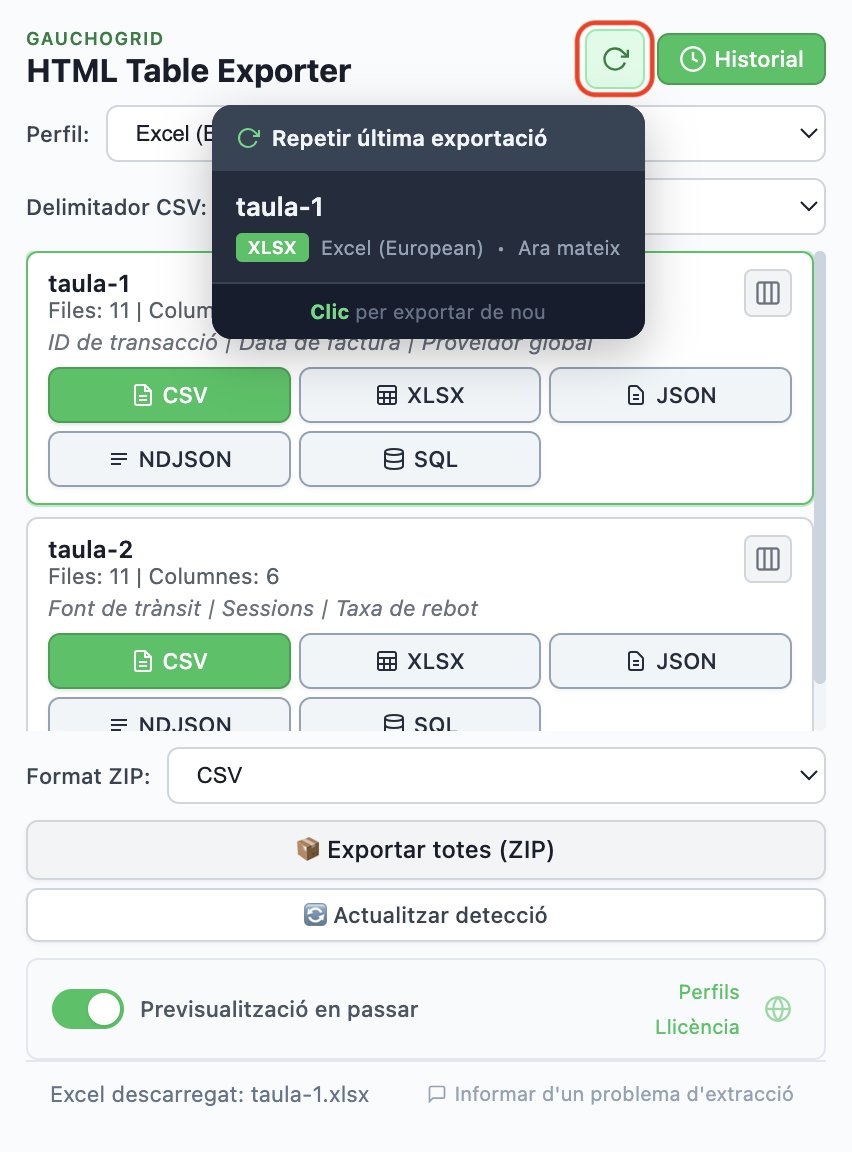 Historial d'exportacions mostrant exportacions recents amb botó Exportar de nou