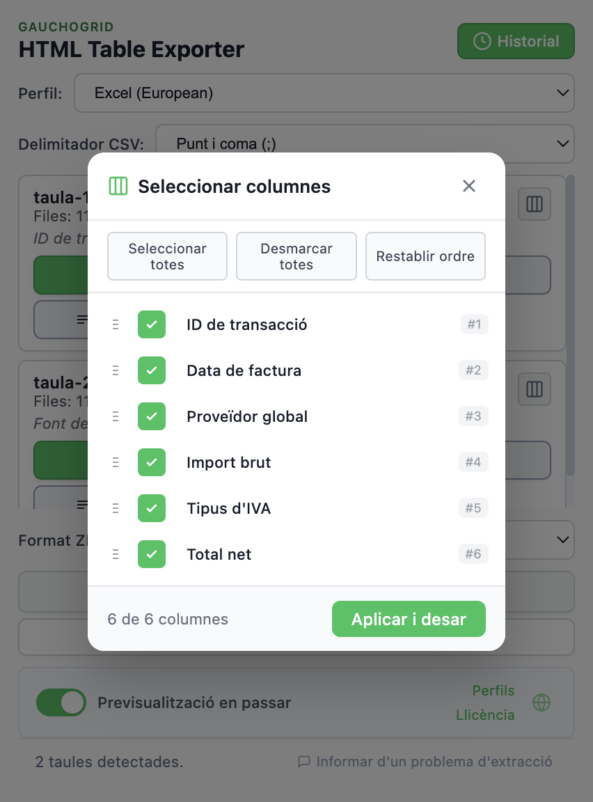 Interfície del selector de columnes amb checkboxes i controls per arrossegar i reordenar columnes
