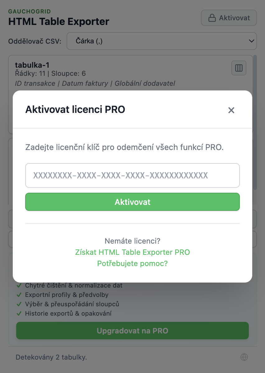 Modální okno aktivace licence s polem pro zadání licenčního klíče