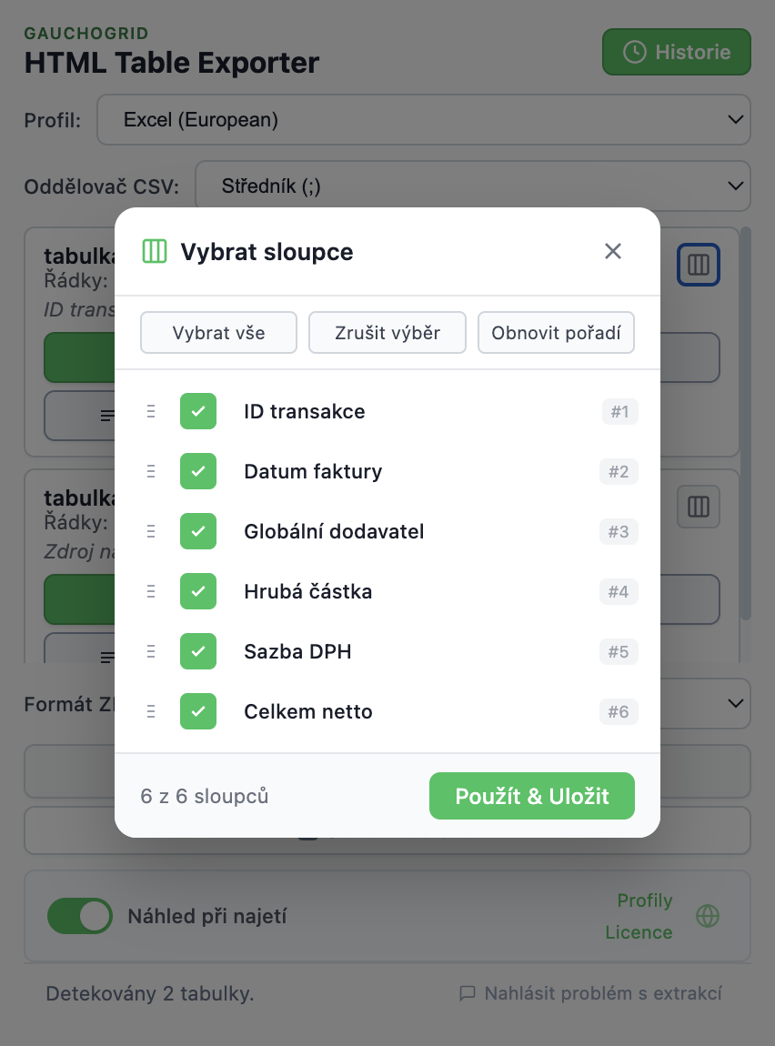Rozhraní voliče sloupců s checkboxy a ovládacími prvky pro přetahování a přeuspořádání sloupců