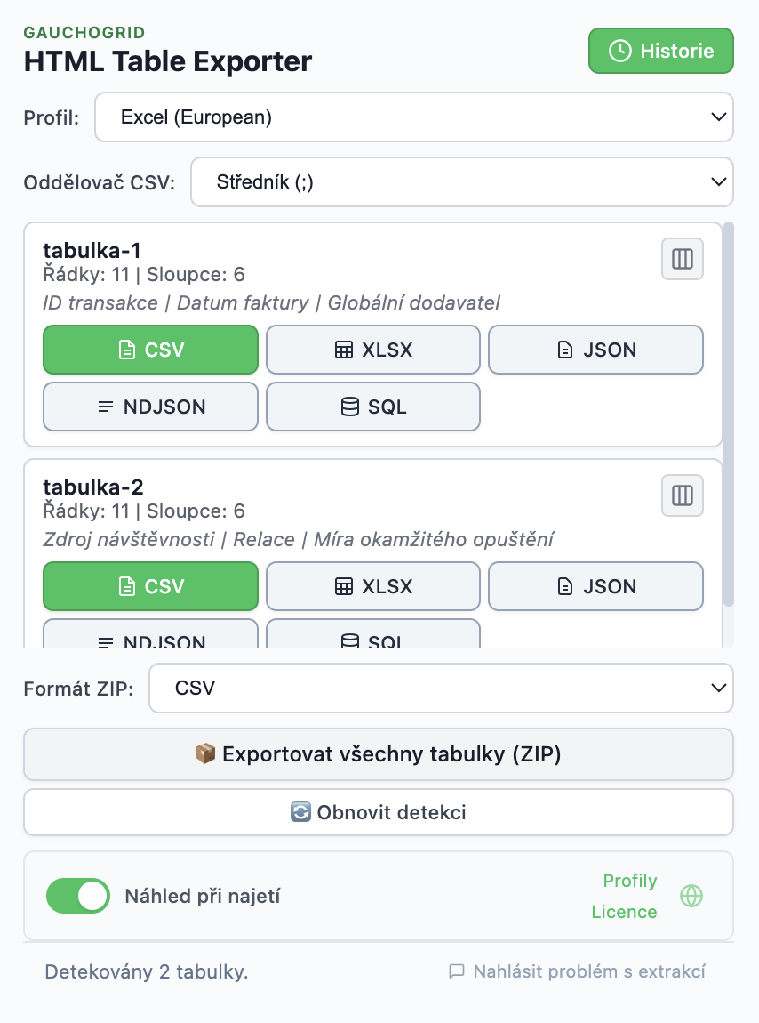 Náhled rozšíření HTML Table Exporter