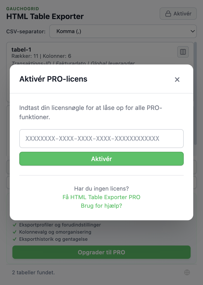 Licensaktiveringsmodal med felt til indtastning af licensnøgle