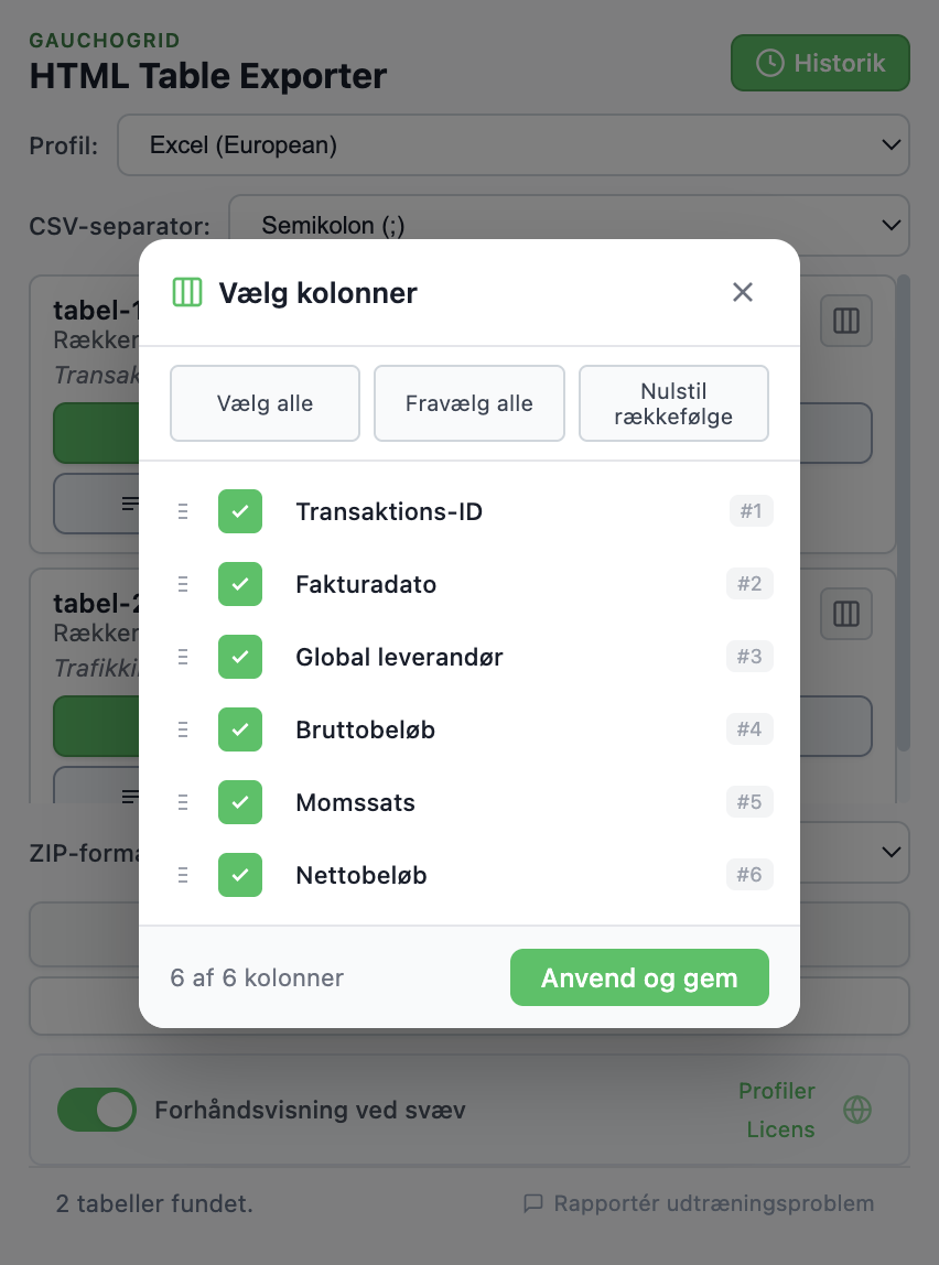 Kolonnevælger-grænseflade med checkbokse og træk-og-slip-kontroller til at omorganisere kolonner