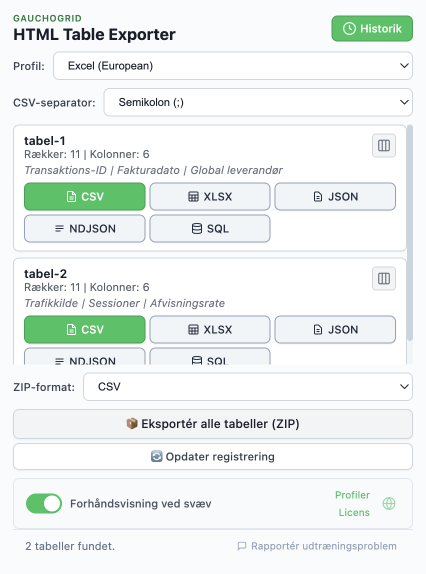 HTML Table Exporter-udvidelse forhåndsvisning
