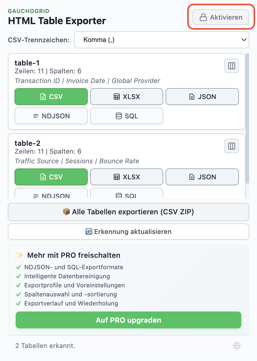 Kostenlose Version von HTML Table Exporter mit Aktivieren-Schaltfläche und Liste der PRO-Funktionen
