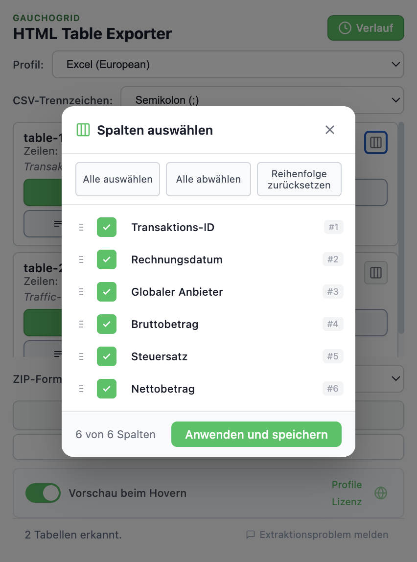 Spaltenauswahl-Oberfläche mit Kontrollkästchen und Ziehgriffen zum Neuordnen von Spalten