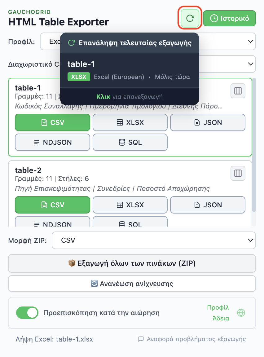 Ιστορικό εξαγωγών που δείχνει πρόσφατες εξαγωγές με κουμπί Εξαγωγή ξανά