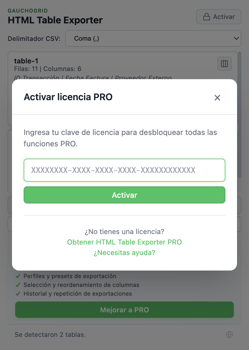 Modal de activación de licencia con campo para ingresar la clave de licencia