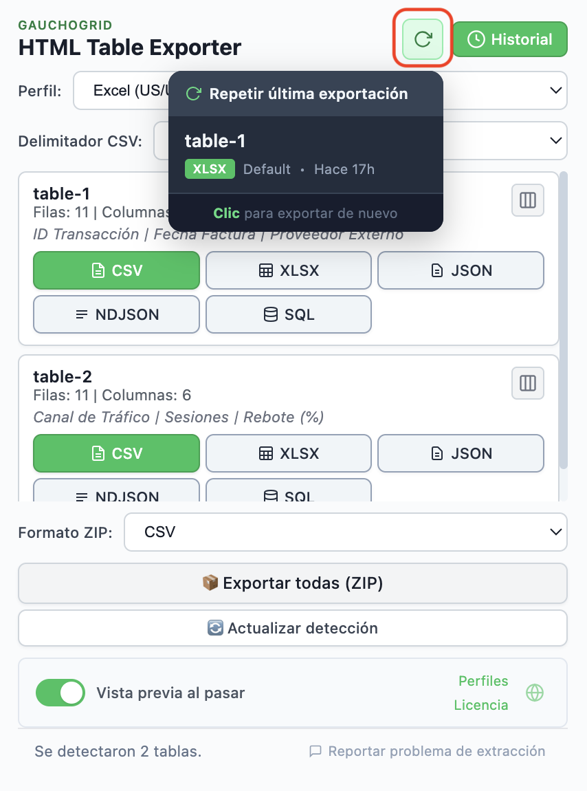 Historial de exportaciones mostrando exportaciones recientes con botón Exportar de nuevo
