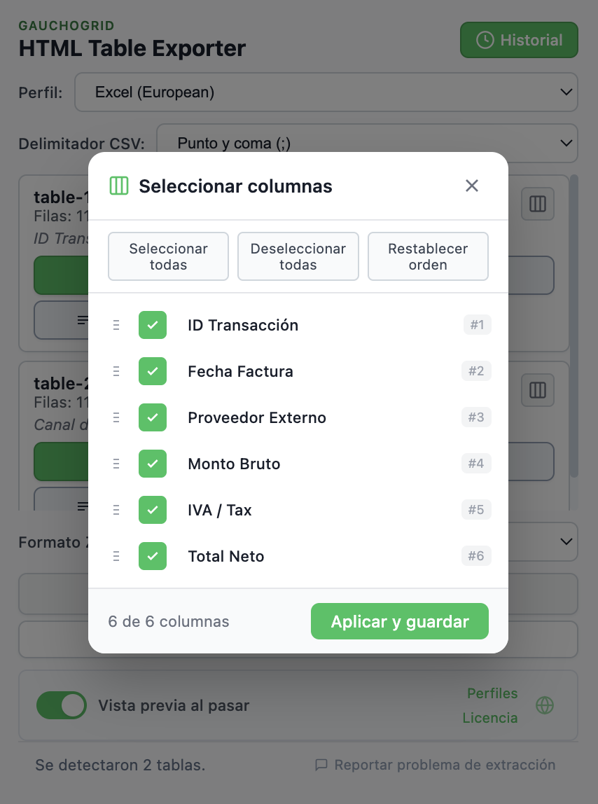 Interfaz del selector de columnas con checkboxes y controles para arrastrar y reordenar columnas