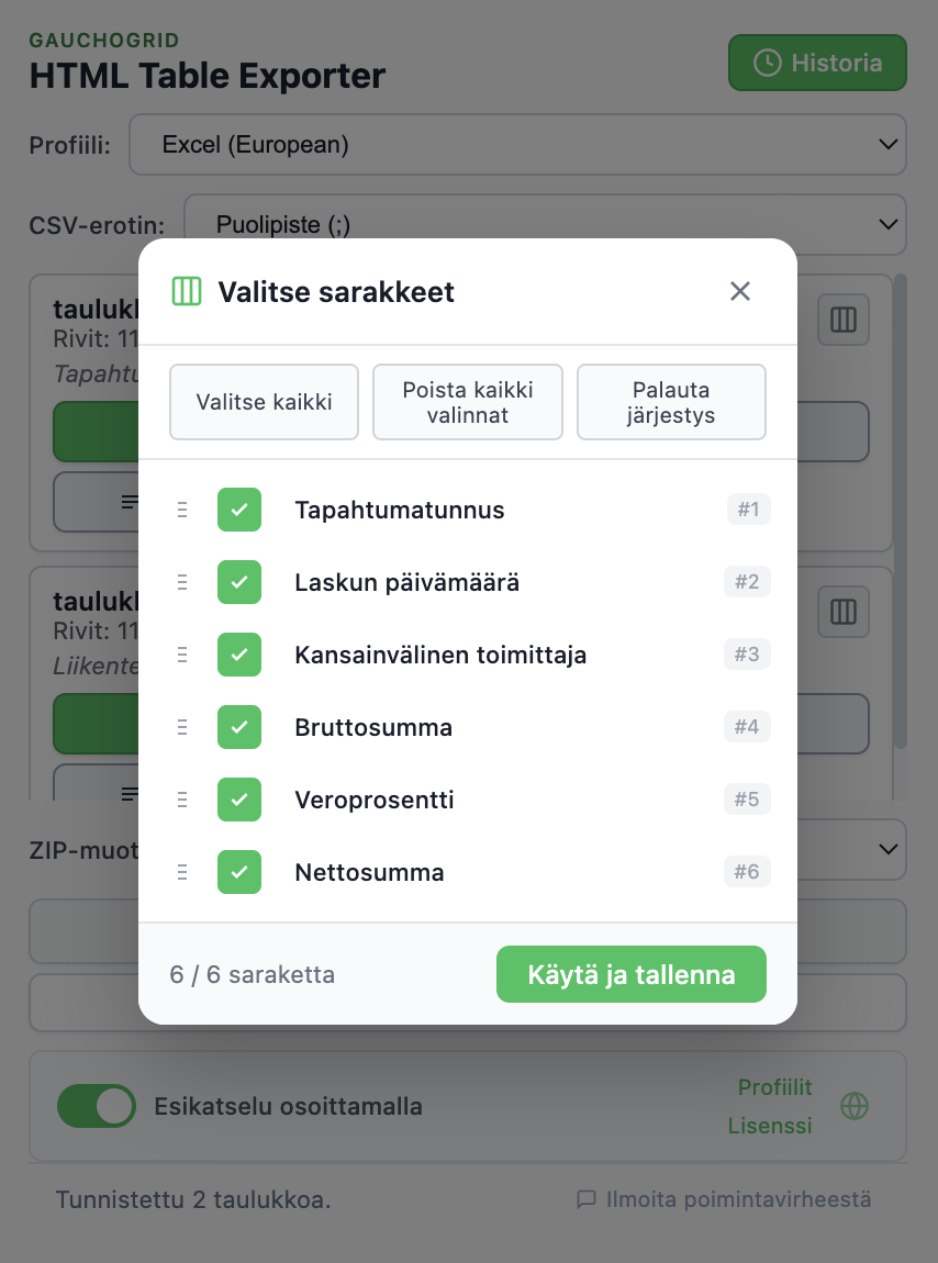 Sarakevalitsimen käyttöliittymä, jossa on valintaruudut ja vedä ja pudota -ohjaimet sarakkeiden järjestämiseen