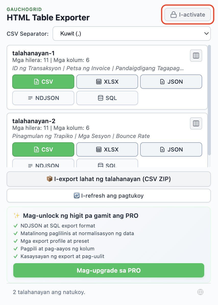Libreng bersyon ng HTML Table Exporter na nagpapakita ng Activate button at listahan ng PRO features