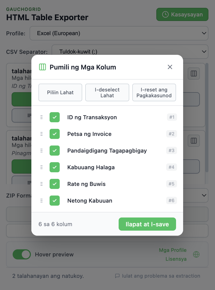 Interface ng column selector na may mga checkbox at drag-and-drop controls para ayusin ang mga column
