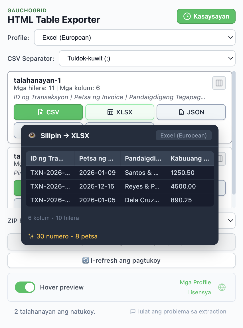 Preview na nagpapakita ng malinis na data na may normalized na mga numero at petsa