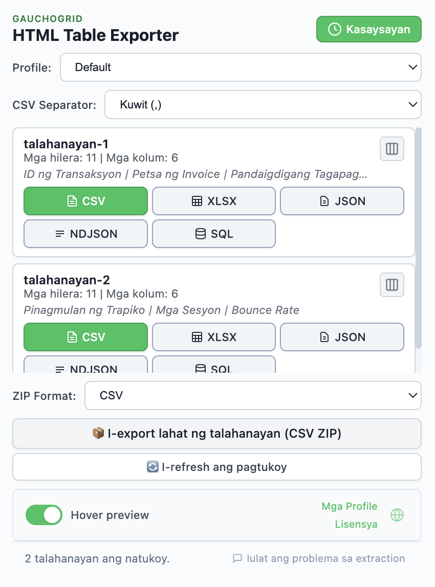 HTML Table Exporter extension preview