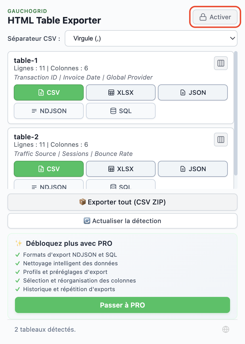 Version gratuite de HTML Table Exporter affichant le bouton Activate et la liste des fonctionnalités PRO