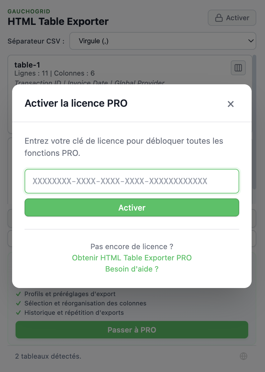 Fenêtre d'activation de licence avec champ pour saisir la clé de licence