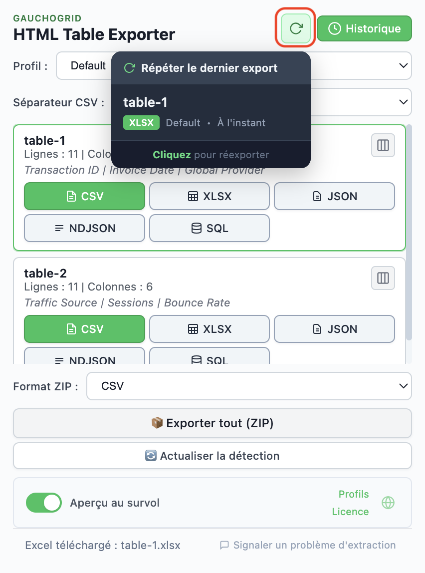Historique des exportations affichant les exportations récentes avec le bouton Réexporter
