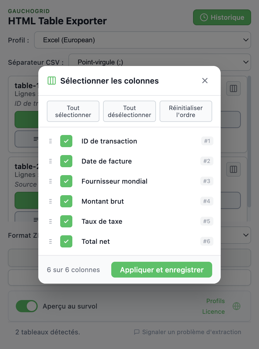 Interface du sélecteur de colonnes avec cases à cocher et contrôles de glisser-déposer pour réorganiser les colonnes