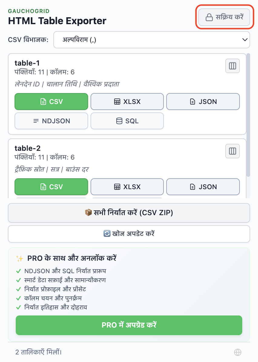 HTML Table Exporter मुफ़्त वर्शन जिसमें सक्रिय करें बटन और PRO फ़ीचर सूची दिखाई गई है