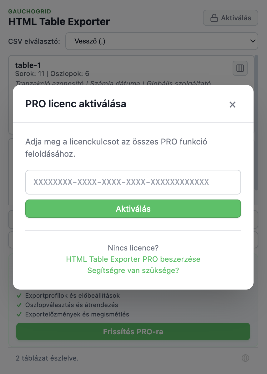 Licenc aktiválási ablak a licenckulcs beírásához