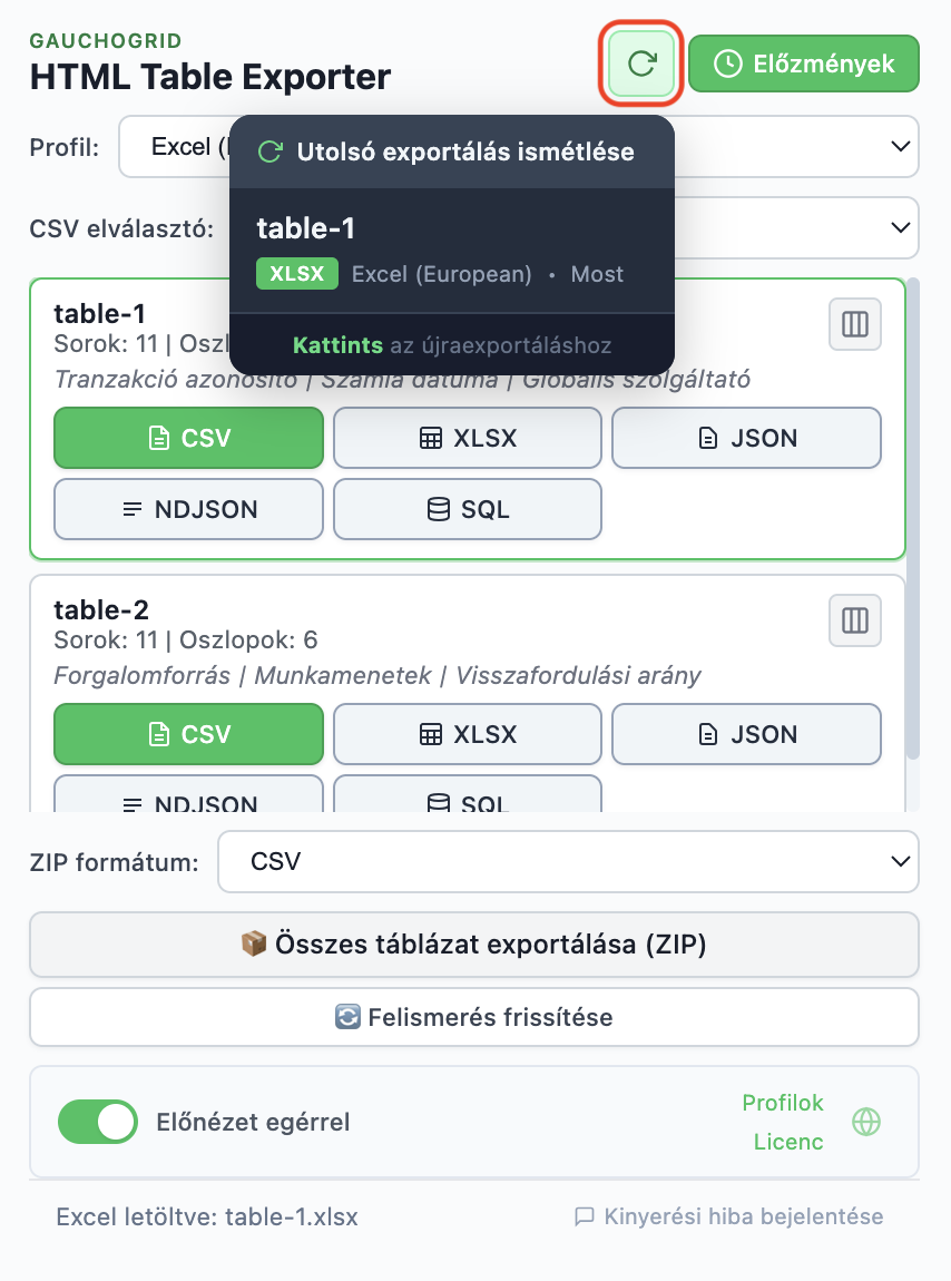 Exportálási előzmények, amely mutatja a legutóbbi exportálásokat az Újraexportálás gombbal