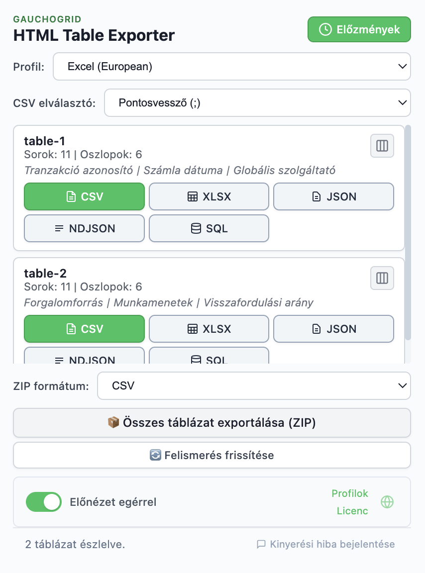 HTML Table Exporter bővítmény előnézete