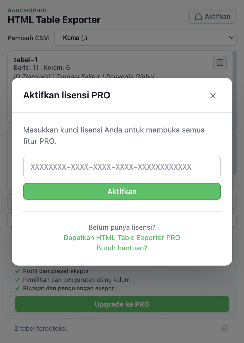 Modal aktivasi lisensi dengan bidang untuk memasukkan kunci lisensi