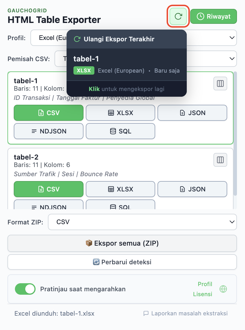 Riwayat ekspor menampilkan ekspor terbaru dengan tombol Ekspor ulang