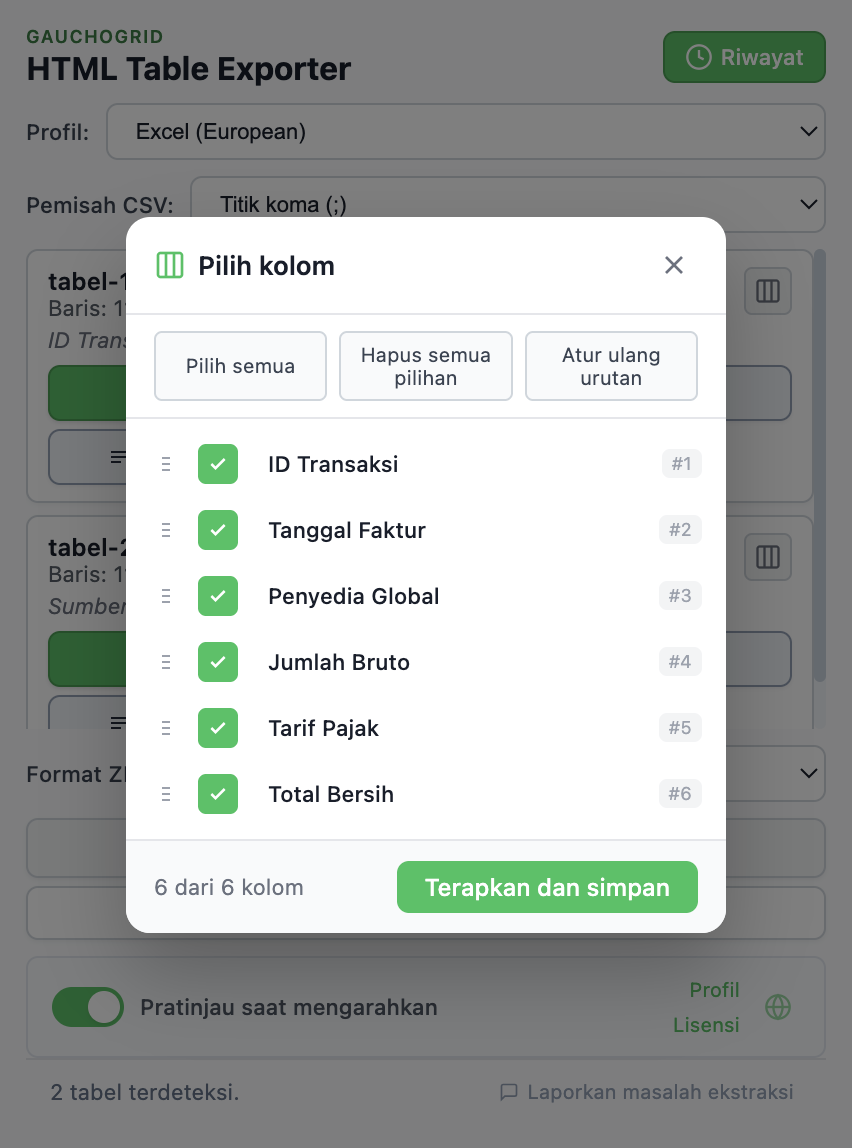 Antarmuka pemilih kolom dengan checkbox dan kontrol untuk menyeret dan mengatur ulang kolom