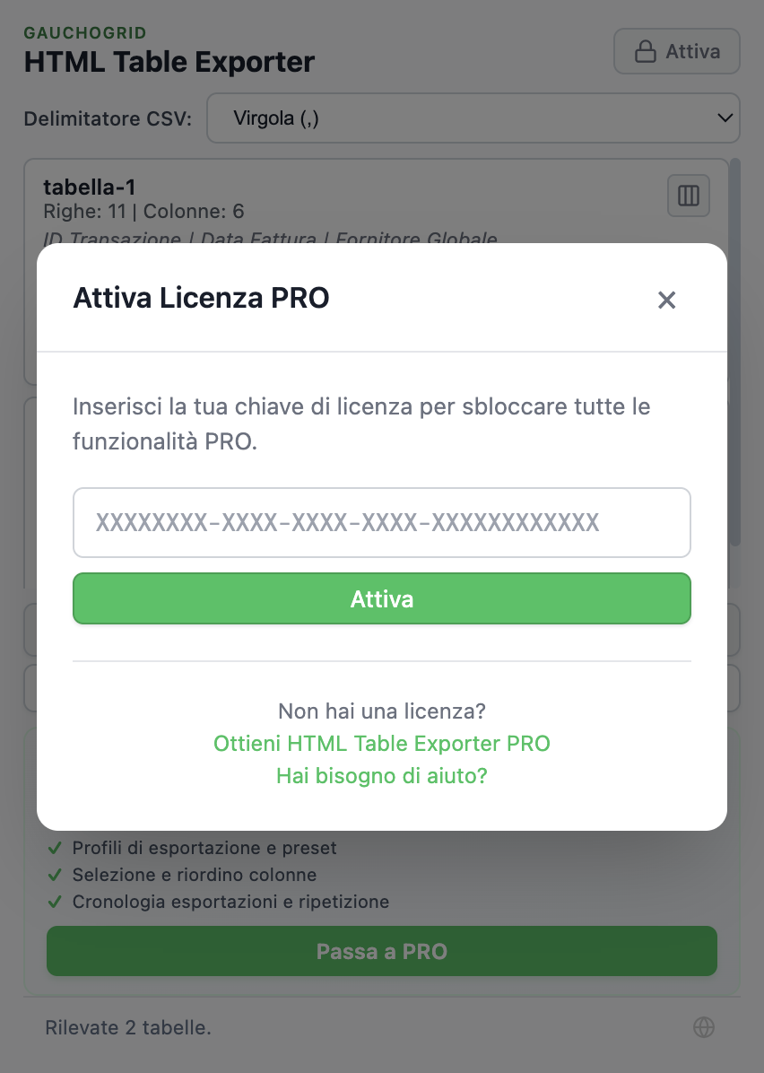 Modal di attivazione licenza con campo per inserire la chiave di licenza