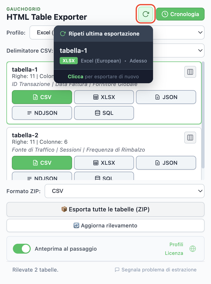 Cronologia esportazioni che mostra esportazioni recenti con pulsante Esporta di nuovo