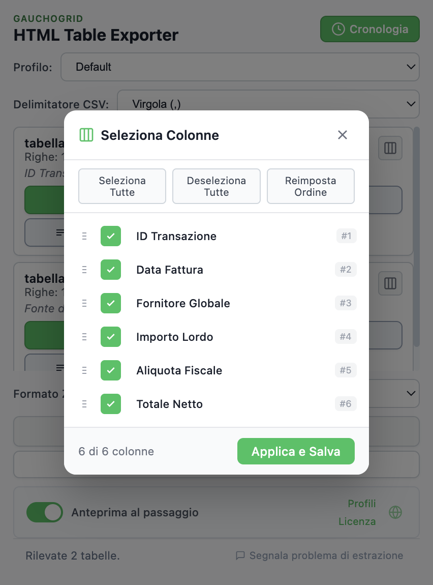 Interfaccia del selettore colonne con checkbox e controlli per trascinare e riordinare le colonne