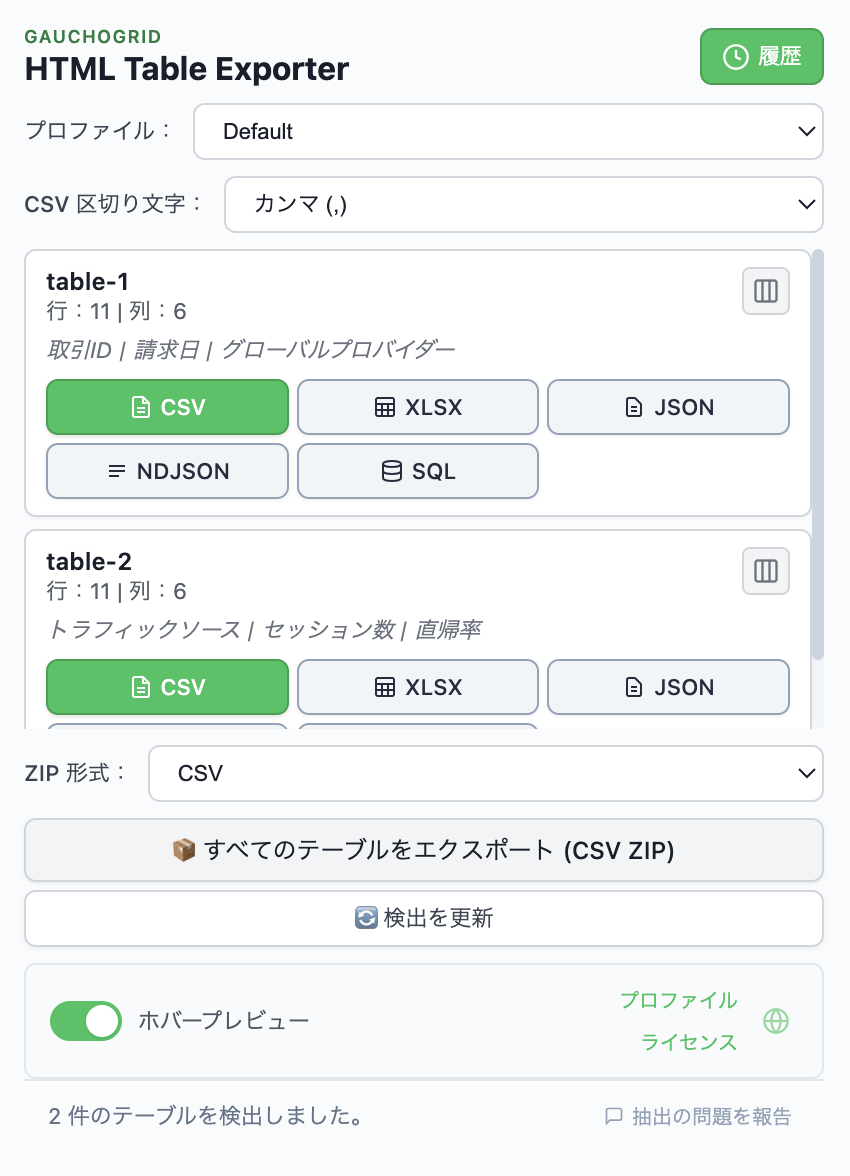 HTML Table Exporter PROのインターフェース。検出されたテーブルとCSV、Excel、JSON、NDJSON、SQLへのエクスポートオプションを表示