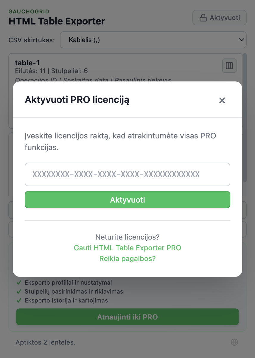 Licencijos aktyvavimo langas su lauku licencijos raktui įvesti