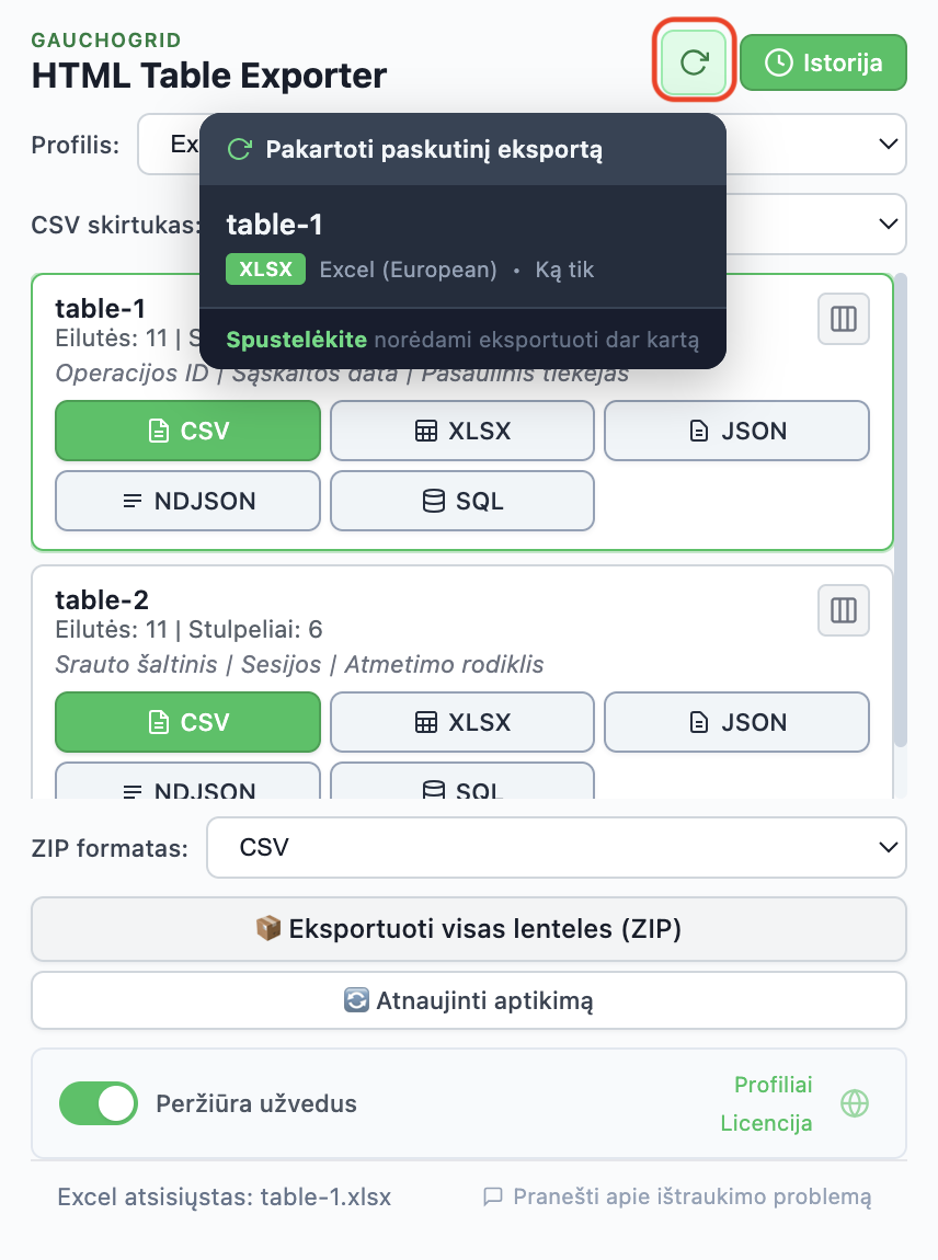 Eksporto istorija rodanti naujausius eksportus su pakartojimo mygtuku