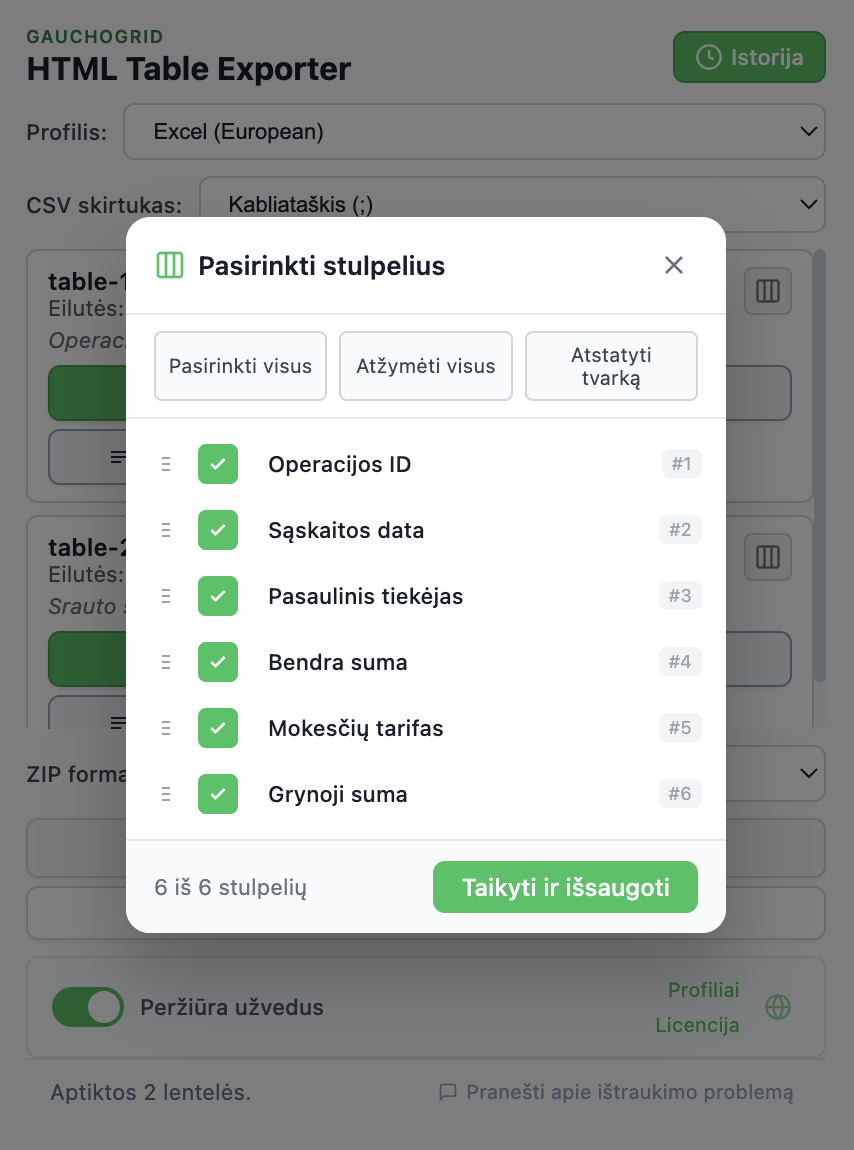 Stulpelių pasirinkimo sąsaja su žymimaisiais langeliais ir vilkimo pertvarkymui valdikliais