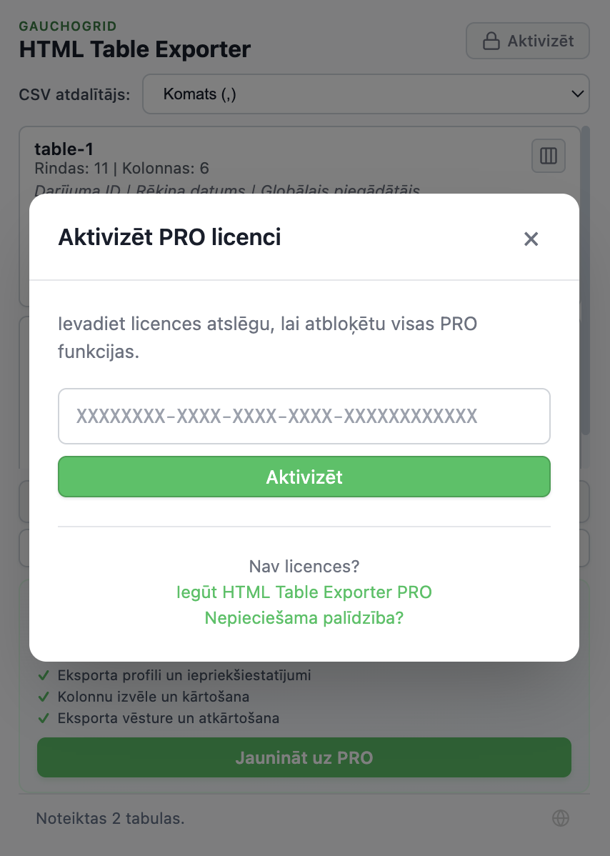 Licences aktivēšanas logs ar lauku licences atslēgas ievadei