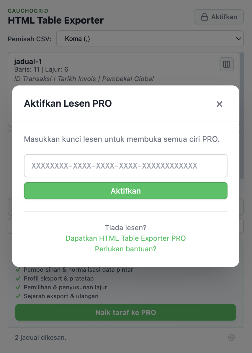 Modal pengaktifan lesen dengan medan untuk memasukkan kunci lesen