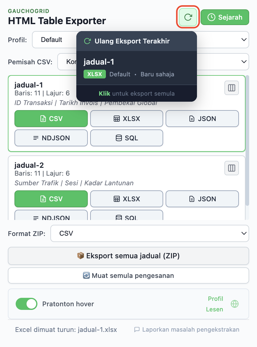 Sejarah eksport menunjukkan eksport terkini dengan butang Eksport semula