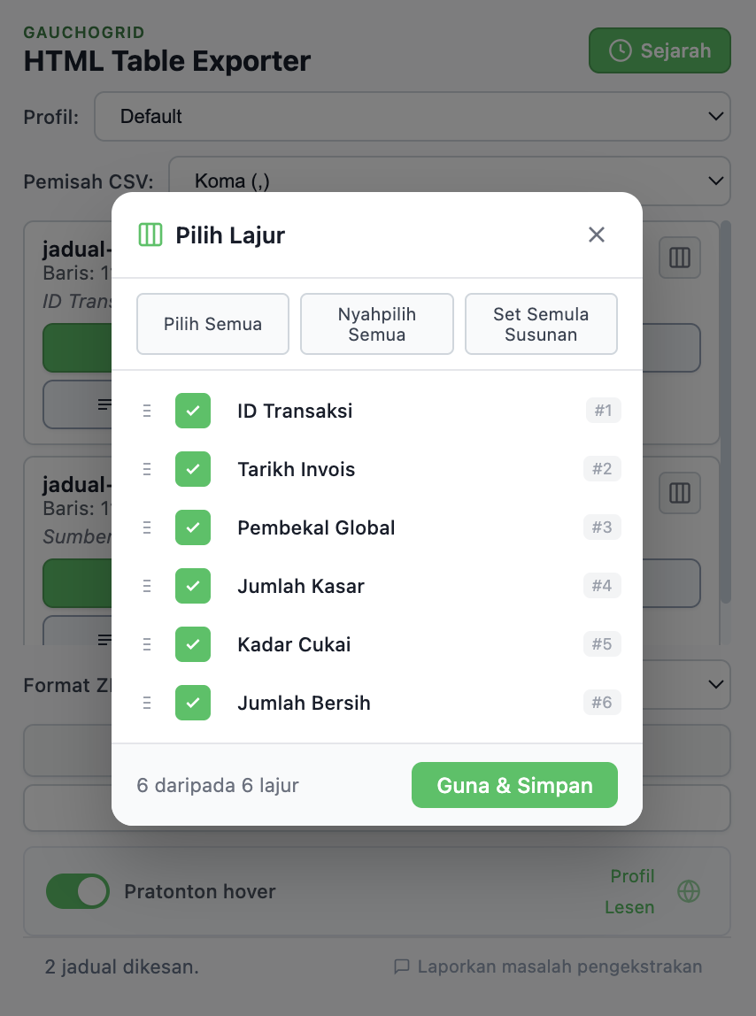 Antara muka pemilih lajur dengan kotak semak dan kawalan untuk menyeret dan menyusun semula lajur