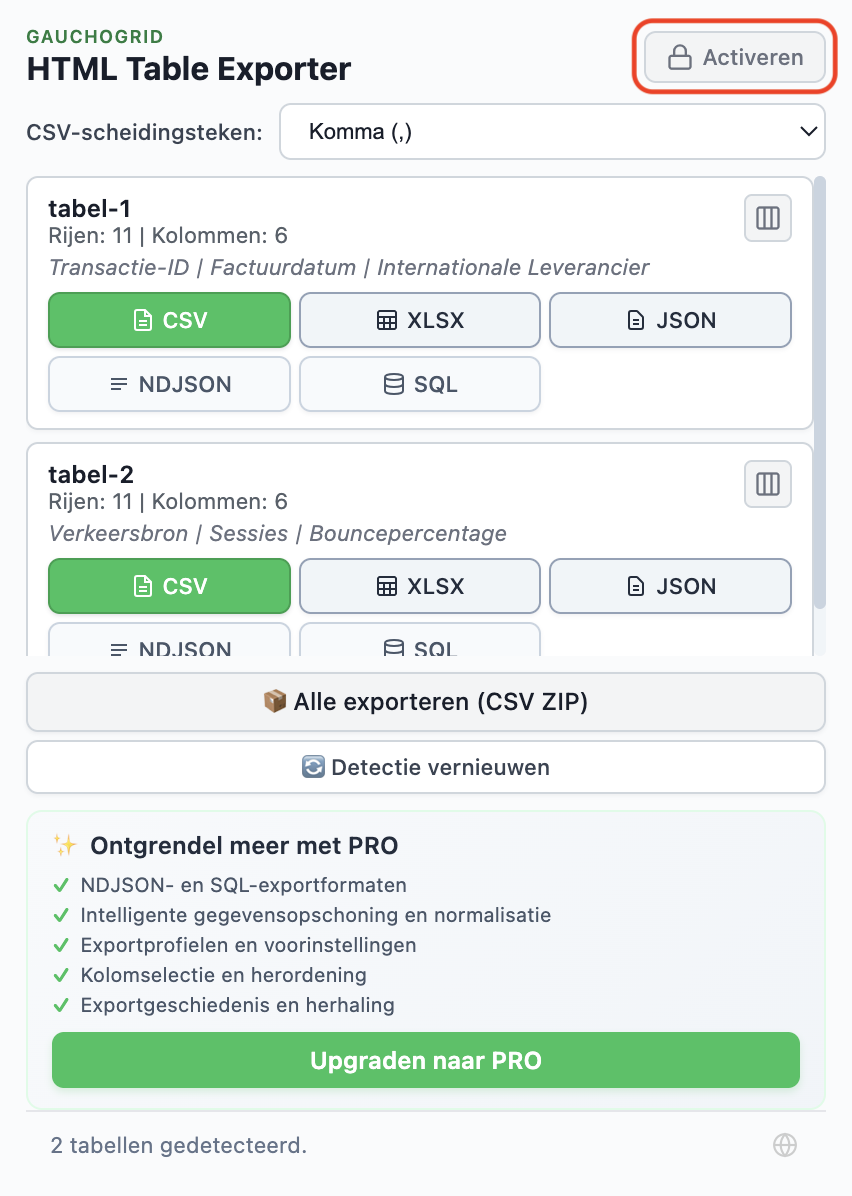 Gratis versie van HTML Table Exporter met Activeren-knop en lijst van PRO-functies