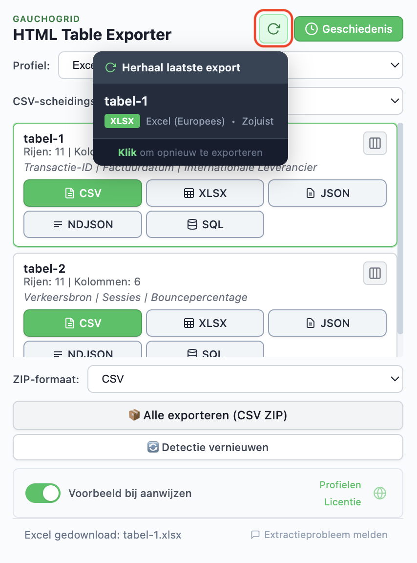 Exportgeschiedenis met recente exports en knop Opnieuw exporteren