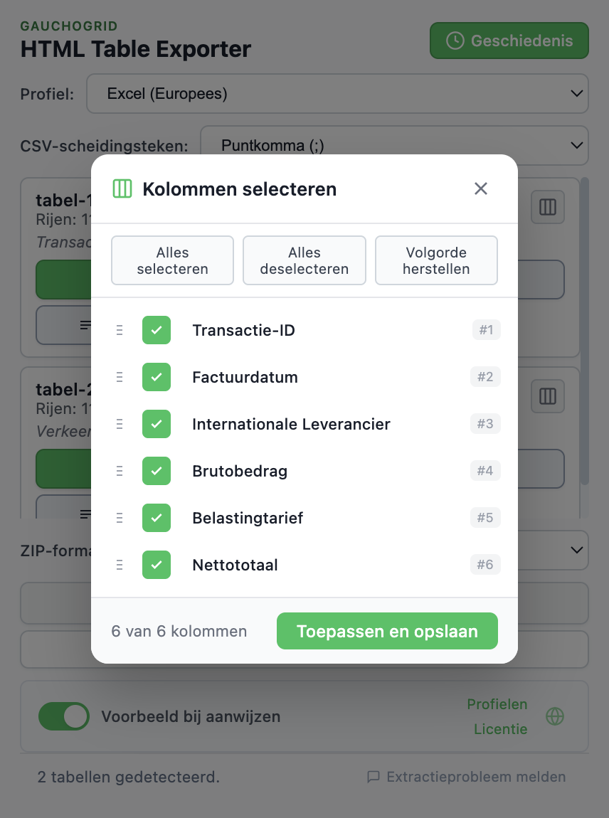 Kolomselector-interface met checkboxes en sleep-en-herorden-besturing