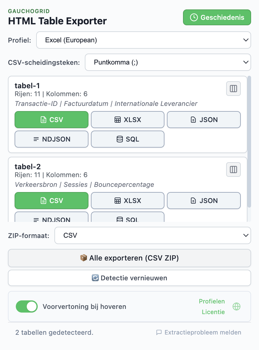 HTML Table Exporter extensie preview