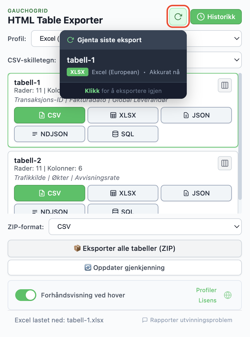 Eksporthistorikk som viser nylige eksporter med Eksporter på nytt-knapp