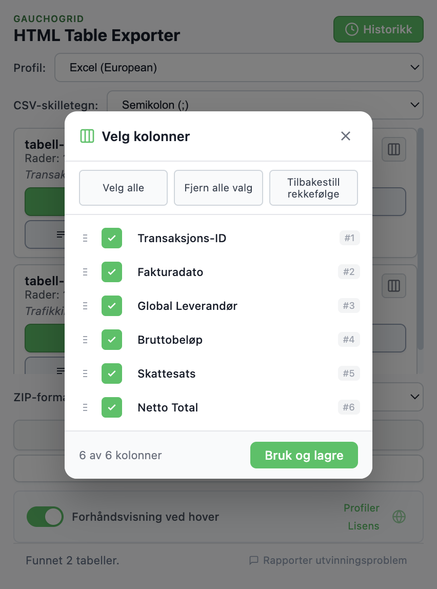 Kolonnevelger-grensesnitt med avmerkingsbokser og kontroller for å dra og omorganisere kolonner