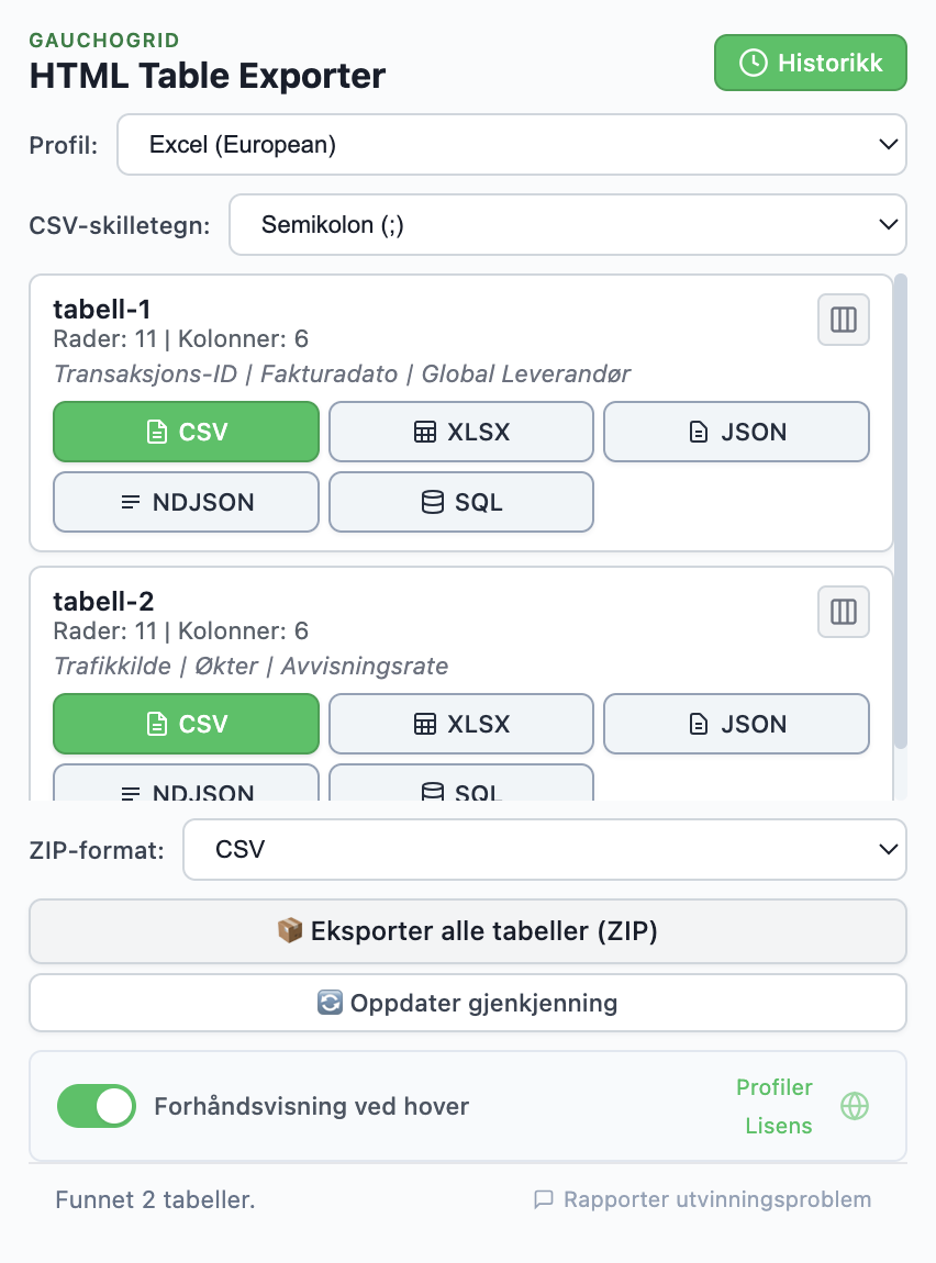 Forhåndsvisning av HTML Table Exporter-utvidelse