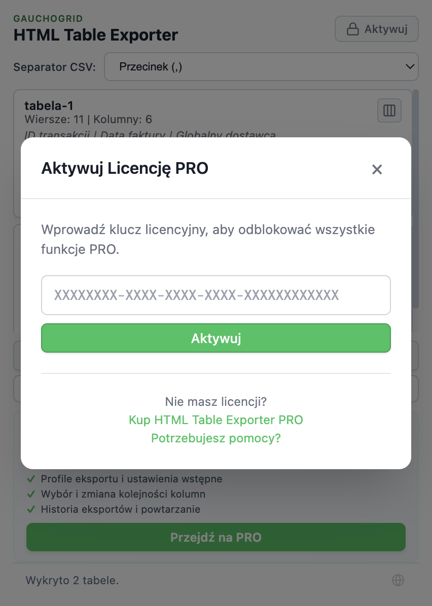 Modal aktywacji licencji z polem do wprowadzenia klucza licencyjnego